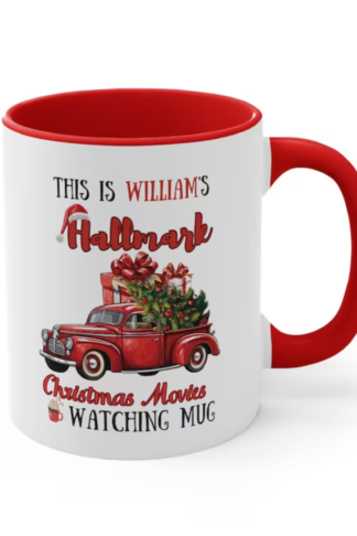 A personalized 11 oz sublimation mug featuring festive holiday designs with text that reads, "This is my Hallmark Christmas Movie Watching Mug." The mug is white with a glossy finish, perfect for sipping hot beverages during holiday movie nights, and can be customized with a name for a personal touch.