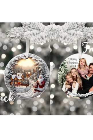 Personalized sublimation ornaments with vibrant, custom-printed designs. Each ornament features a detailed colors and personalized text or images. Perfect for gift giving, memorial for a loved one, Baby’s First Christmas, or…… Adding a unique, personal touch to holiday décor, these ornaments hang from a festive ribbon, ready to adorn any Christmas tree.