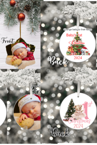 A personalized "Baby's First Christmas" sublimation snowflake ornament featuring permanent, vibrant images. The detailed snowflake design displays a custom name and year, ensuring a lasting keepsake. It hangs from a festive ribbon, perfect for decorating the Christmas tree.