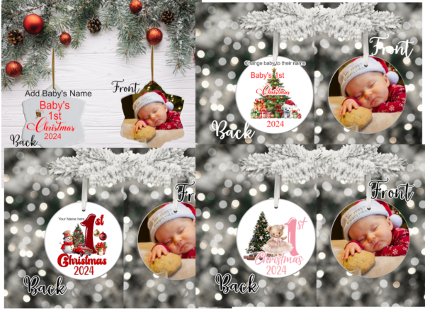 A personalized "Baby's First Christmas" sublimation snowflake ornament featuring permanent, vibrant images. The detailed snowflake design displays a custom name and year, ensuring a lasting keepsake. It hangs from a festive ribbon, perfect for decorating the Christmas tree.