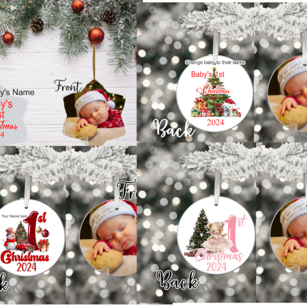 A personalized "Baby's First Christmas" sublimation snowflake ornament featuring permanent, vibrant images. The detailed snowflake design displays a custom name and year, ensuring a lasting keepsake. It hangs from a festive ribbon, perfect for decorating the Christmas tree.