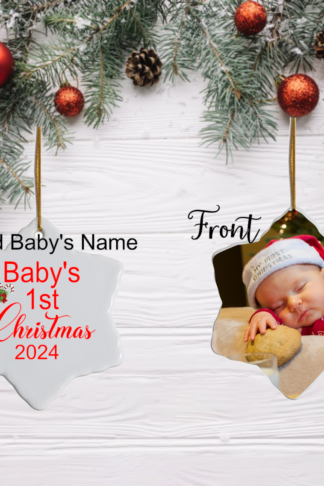 A personalized "Baby's First Christmas" sublimation snowflake ornament featuring permanent, vibrant images. The detailed snowflake design displays a custom name and year, ensuring a lasting keepsake. It hangs from a festive ribbon, perfect for decorating the Christmas tree.