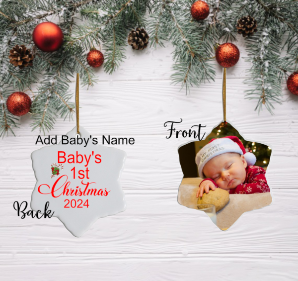 A personalized "Baby's First Christmas" sublimation snowflake ornament featuring permanent, vibrant images. The detailed snowflake design displays a custom name and year, ensuring a lasting keepsake. It hangs from a festive ribbon, perfect for decorating the Christmas tree.