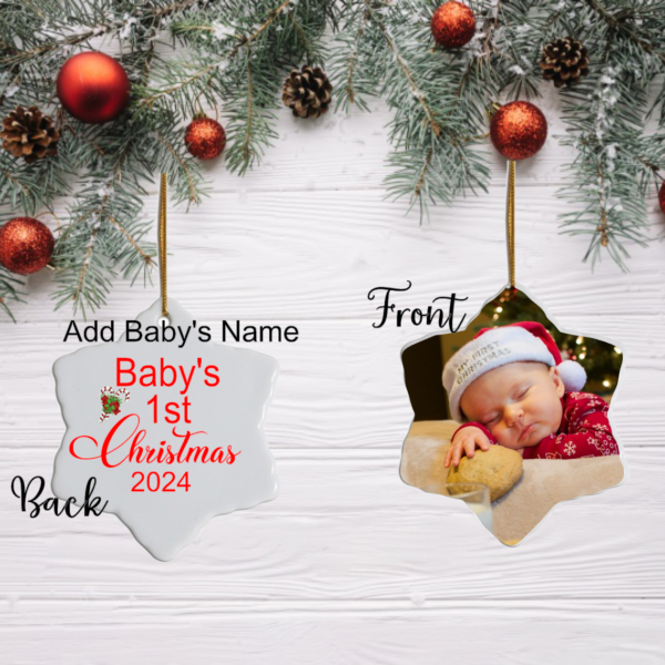 A personalized "Baby's First Christmas" sublimation snowflake ornament featuring permanent, vibrant images. The detailed snowflake design displays a custom name and year, ensuring a lasting keepsake. It hangs from a festive ribbon, perfect for decorating the Christmas tree.