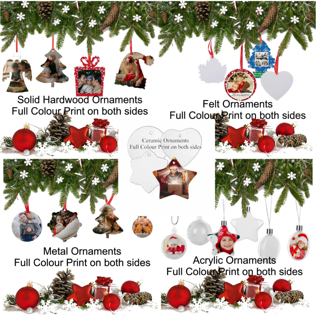 Personalized sublimation ornaments with vibrant, custom-printed designs. Each ornament features a detailed colors and personalized text or images. Perfect for gift giving, memorial for a loved one, Baby’s First Christmas, or…… Adding a unique, personal touch to holiday décor, these ornaments hang from a festive ribbon, ready to adorn any Christmas tree.