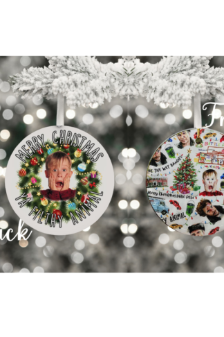 "Festive round ornament with the phrase 'Merry Christmas Ya Filthy Animal' in bold, playful font, surrounded by Christmas-themed decorations like snowflakes and trees, in vibrant red, green, and white colors."