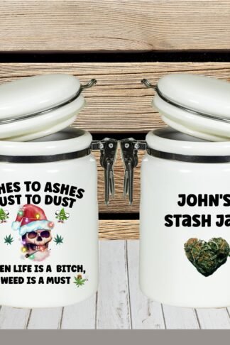 Our personalized 14 oz stash jar or canister with a bale closure is a stylish, functional, and customizable storage solution. With a 14 oz capacity, the jar is perfect for storing small items like herbs, coffee, tea, or other stash items, offering a decent amount of space while remaining compact. "Personalized 14 oz stash jar with a bale wire closure, featuring a vibrant custom design on a glossy white ceramic surface. The airtight seal ensures freshness, making it ideal for storing herbs, coffee, or other small items."