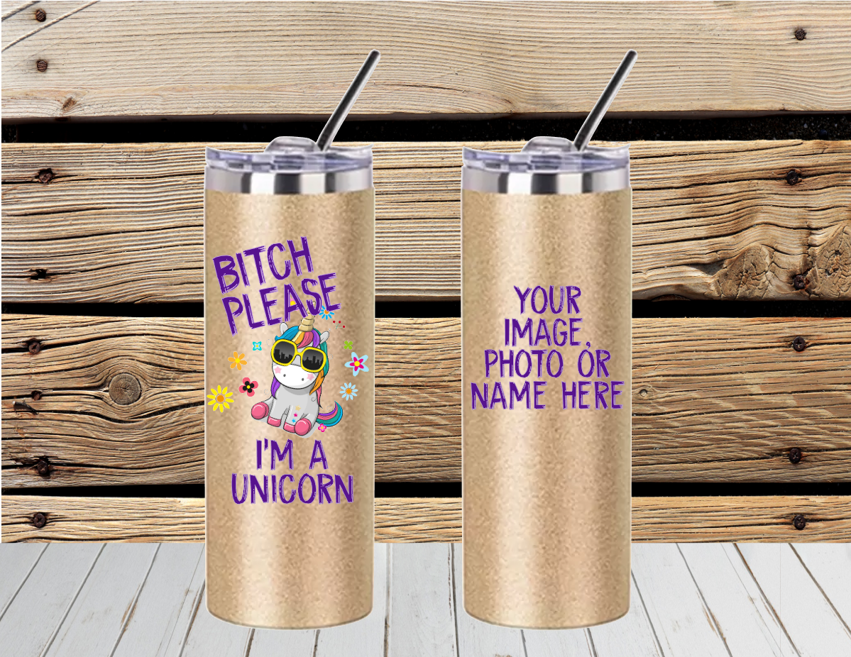 "Gold water bottle with 'Bitch Please, I’m a Unicorn' text, featuring a vibrant unicorn design. Eco-friendly and BPA-free, perfect for daily hydration with style and attitude."