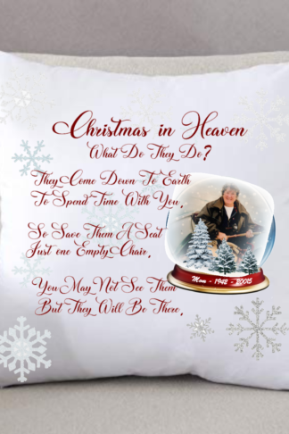 14x14" memorial Christmas throw pillow with the message, "In Heaven at Christmas what do they do?" Soft, cozy fabric with a comforting design to honor and remember loved ones during the holiday season.