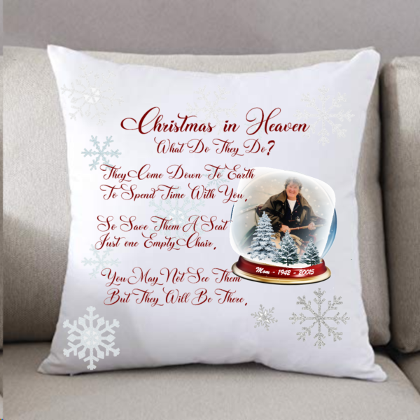 14x14" memorial Christmas throw pillow with the message, "In Heaven at Christmas what do they do?" Soft, cozy fabric with a comforting design to honor and remember loved ones during the holiday season.