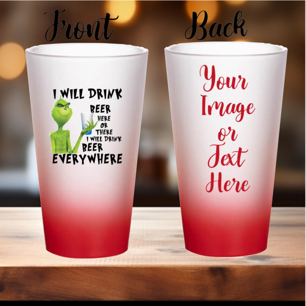 "Gradient red beer glass with a Grinch design, personalized with a name or Picture, printed usig Sublimation for a vibrant, long-lasting finish, featuring the iconic Grinch face in festive colors. Ideal for holiday celebrations and gifts."