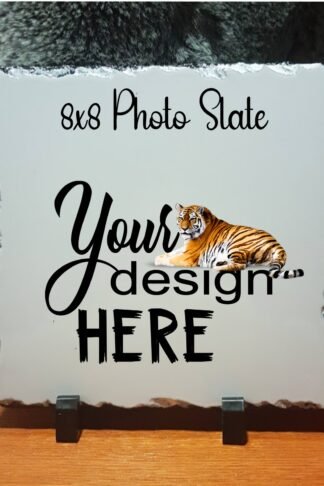 "Natural slate with a personalized photo printed on its smooth surface, showcasing vibrant colors and unique stone textures, set on a stand for tabletop display."