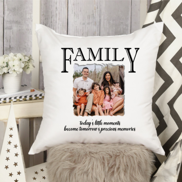 A 14x14 inch square throw pillow featuring your design and / or photo printable on front and back or just one side. The pillow is soft with a vibrant winter-themed design, perfect for adding a cozy, festive touch to holiday décor.