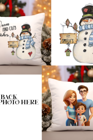 A 14x14 inch square throw pillow featuring a cheerful snowman and the phrase "Warmest Wishes." The pillow is soft with a vibrant winter-themed design, perfect for adding a cozy, festive touch to holiday décor.