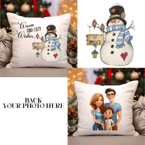 A 14x14 inch square throw pillow featuring a cheerful snowman and the phrase "Warmest Wishes." The pillow is soft with a vibrant winter-themed design, perfect for adding a cozy, festive touch to holiday décor.