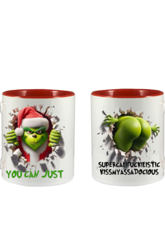 Give the gift of Christmas with this Grinch Inspired – “You Can Just Supercalifragilistickissmyassadocious” Coffee Mug featuring an adorable picture of the man himself. The images on the mug are permanent and the mug is dishwasher and microwave safe.