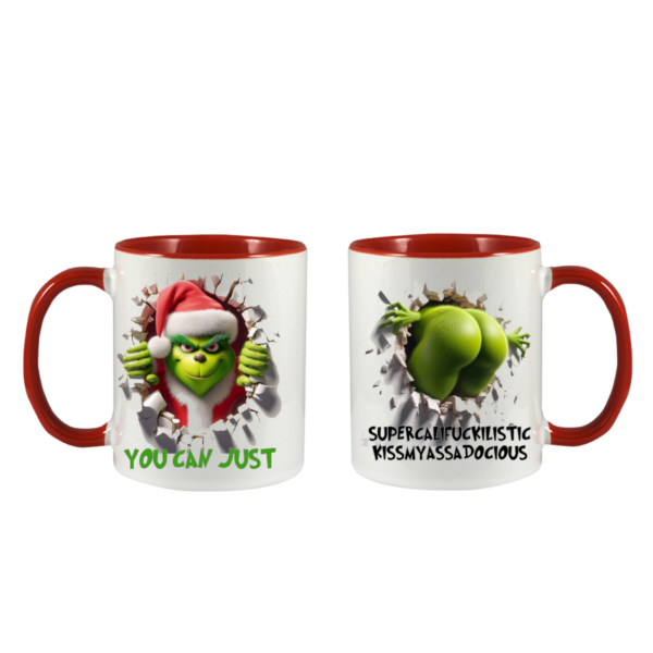 Give the gift of Christmas with this Grinch Inspired – “You Can Just Supercalifragilistickissmyassadocious” Coffee Mug featuring an adorable picture of the man himself. The images on the mug are permanent and the mug is dishwasher and microwave safe.