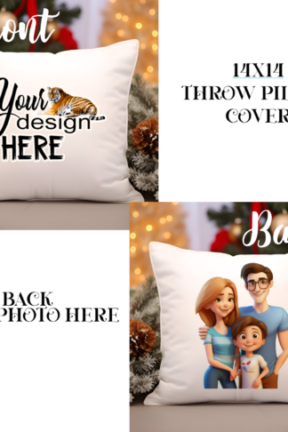 A 14x14 inch square throw pillow featuring your design and / or photo printable on front and back or just one side. The pillow is soft with a vibrant winter-themed design, perfect for adding a cozy, festive touch to holiday décor.