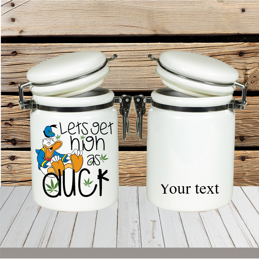 A custom sublimated stash jar with vibrant, full-color personalized designs, featuring an airtight seal for keeping contents fresh. Ideal for storing herbs, coffee, or small items, with options for names, quotes, or themed graphics.