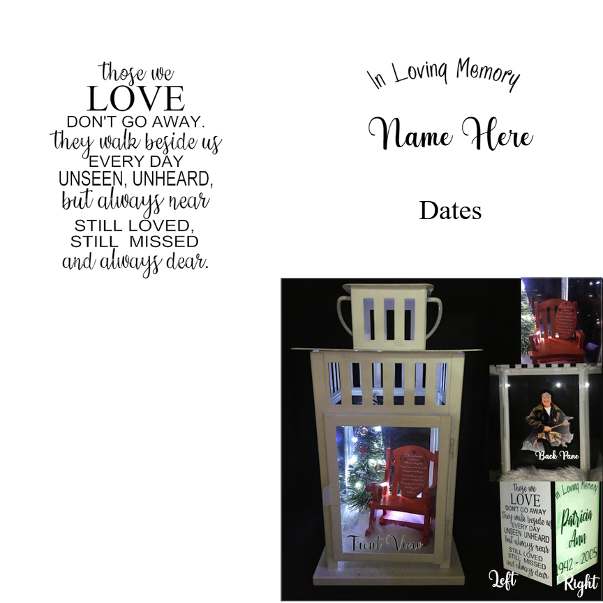 Elegant memorial lantern with soft LED lights, a customized photo, names and dates, creating a beautiful tribute to a loved one.