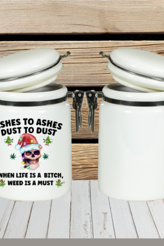 A custom sublimated stash jar with vibrant, full-color personalized designs, featuring an airtight seal for keeping contents fresh. Ideal for storing herbs, coffee, or small items, with options for names, quotes, or themed graphics.