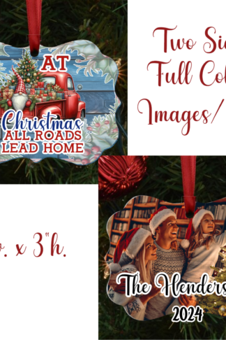 Benelux shaped Christmas ornament featuring a festive gnome in a snowy winter scene with the phrase "All Roads Lead Home." Customizable with names, year, or a personalized message, perfect for holiday decor or gifting.