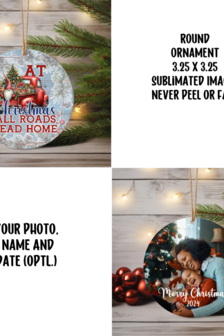 Round Christmas ornament featuring a festive gnome in a snowy winter scene with the phrase "All Roads Lead Home." Customizable with names, year, or a personalized message, perfect for holiday decor or gifting.