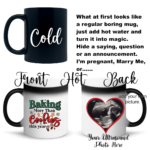 "Color-changing custom coffee mug with personalized sublimation design; reveals your unique image or text when filled with a hot beverage, made from durable ceramic."