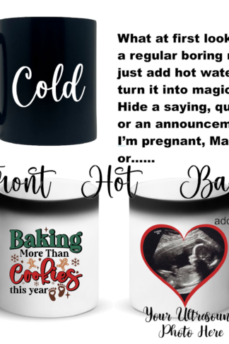 "Color-changing custom coffee mug with personalized sublimation design; reveals your unique image or text when filled with a hot beverage, made from durable ceramic."