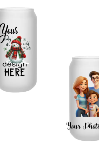 “Customizable 18 oz frosted beer glass with a smooth finish, designed to showcase personalized artwork or text through high-quality sublimation printing.”