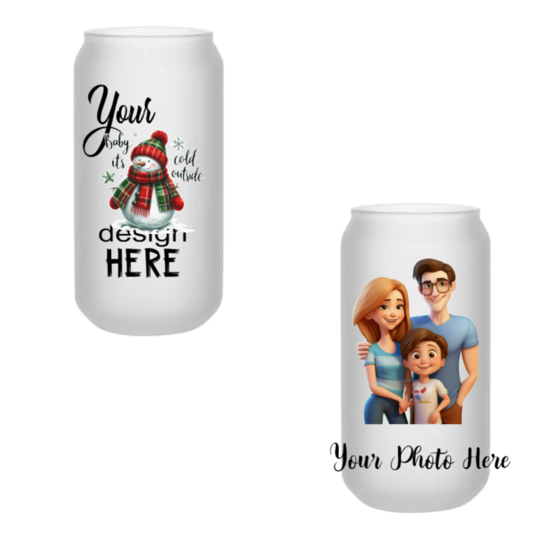 “Customizable 18 oz frosted beer glass with a smooth finish, designed to showcase personalized artwork or text through high-quality sublimation printing.”