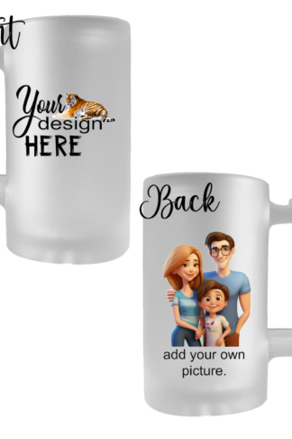 “Customizable beer mugs available in clear glass and frosted finishes, perfect for displaying vibrant, personalized designs with a sturdy handle and durable build.”