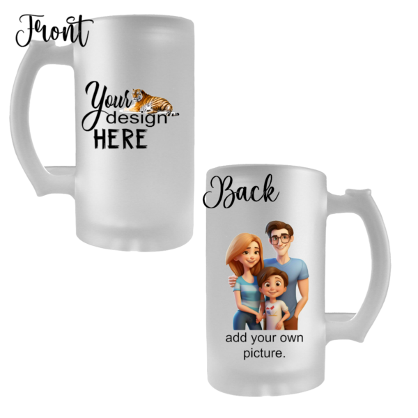 “Customizable beer mugs available in clear glass and frosted finishes, perfect for displaying vibrant, personalized designs with a sturdy handle and durable build.”