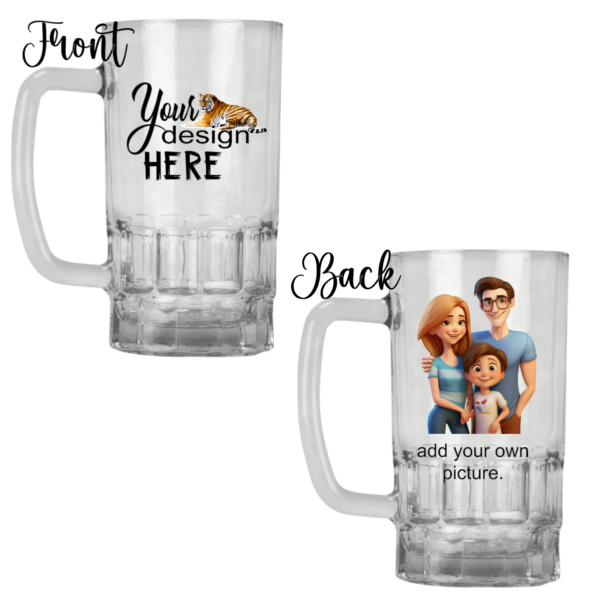 “Customizable beer mugs available in clear glass and frosted finishes, perfect for displaying vibrant, personalized designs with a sturdy handle and durable build.”