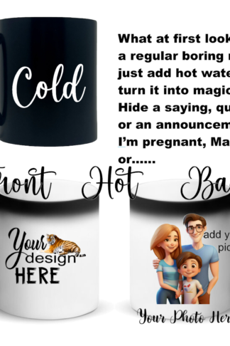 "Color-changing custom coffee mug with personalized sublimation design; reveals your unique image or text when filled with a hot beverage, made from durable ceramic."