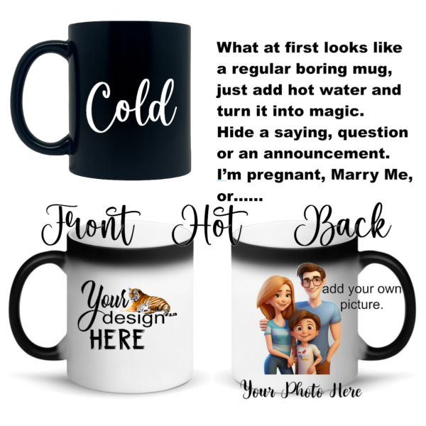 "Color-changing custom coffee mug with personalized sublimation design; reveals your unique image or text when filled with a hot beverage, made from durable ceramic."