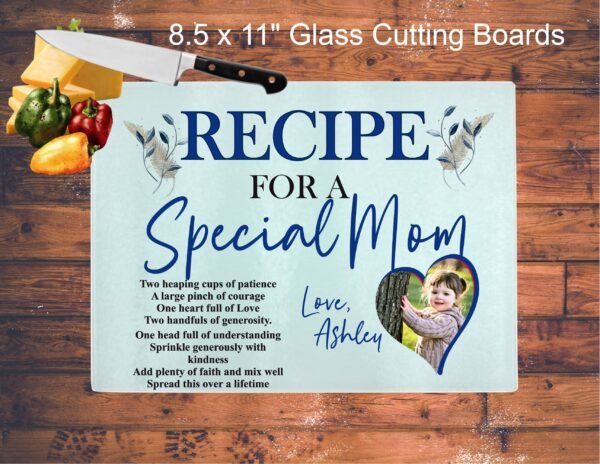 Recipe for a Special Mom Cutting Board "A personalized glass cutting board with a vibrant custom design, featuring a smooth tempered glass surface, perfect for both kitchen use and decorative display."