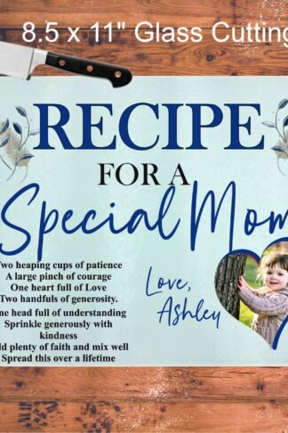 Recipe for a Special Mom Cutting Board "A personalized glass cutting board with a vibrant custom design, featuring a smooth tempered glass surface, perfect for both kitchen use and decorative display."