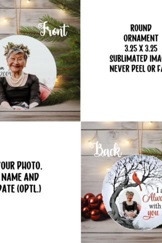 A memorial disc ornament with a vibrant cardinal design, personalized with a photo, name, and dates. A beautiful keepsake to honor the memory of a loved one.