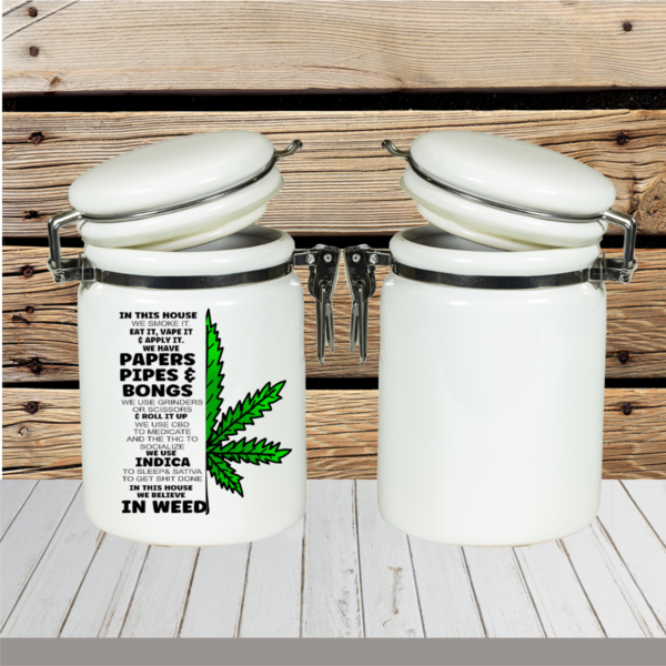 A custom sublimated stash jar with vibrant, full-color personalized designs, featuring an airtight seal for keeping contents fresh. Ideal for storing herbs, coffee, or small items, with options for names, quotes, or themed graphics.