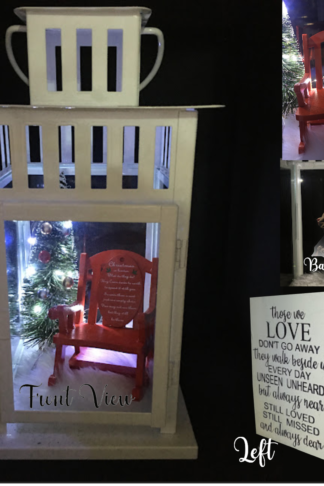 Elegant memorial lantern with soft LED lights, a customized photo, names and dates, creating a beautiful tribute to a loved one.