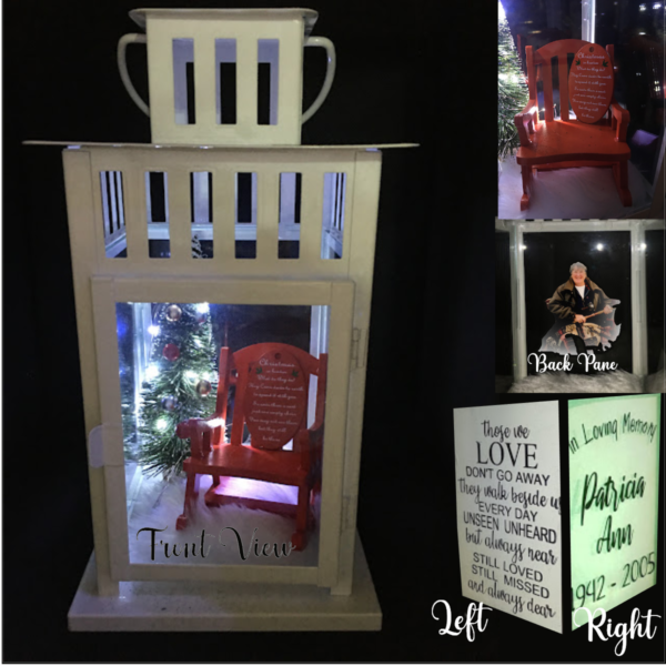 Elegant memorial lantern with soft LED lights, a customized photo, names and dates, creating a beautiful tribute to a loved one.