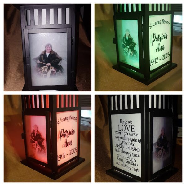 Elegant memorial lantern with soft LED lights, a customized photo, names and dates, creating a beautiful tribute to a loved one.