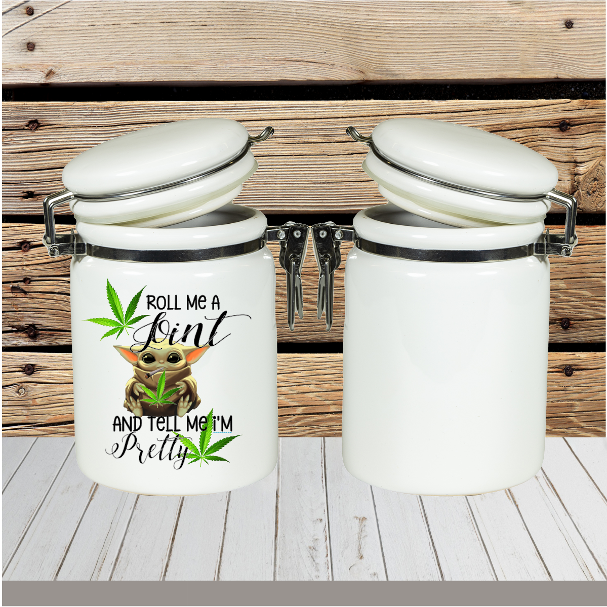 A custom sublimated stash jar with vibrant, full-color personalized designs, featuring an airtight seal for keeping contents fresh. Ideal for storing herbs, coffee, or small items, with options for names, quotes, or themed graphics.