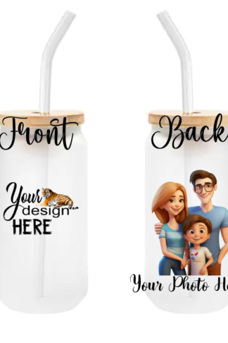 A 13 oz glass tumbler with a bamboo lid and reusable straw, featuring a vibrant, sublimated personalized design. Perfect for hot or cold drinks, combining style, sustainability, and customization.