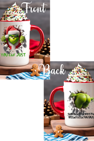 "A custom-made 15 oz ceramic mug in vibrant colors, featuring the humorous phrase 'You can just supercalifuckalistickissmyassadocious' in bold lettering, perfect for a playful and cheeky touch to your drinkware collection."