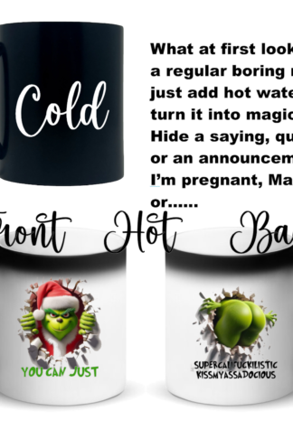"Color-changing custom coffee mug with personalized sublimation design; reveals your unique image or text when filled with a hot beverage, made from durable ceramic."
