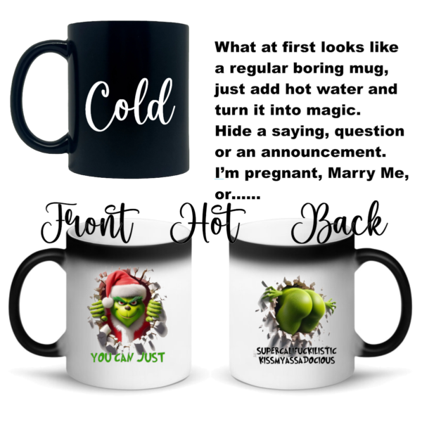 "Color-changing custom coffee mug with personalized sublimation design; reveals your unique image or text when filled with a hot beverage, made from durable ceramic."