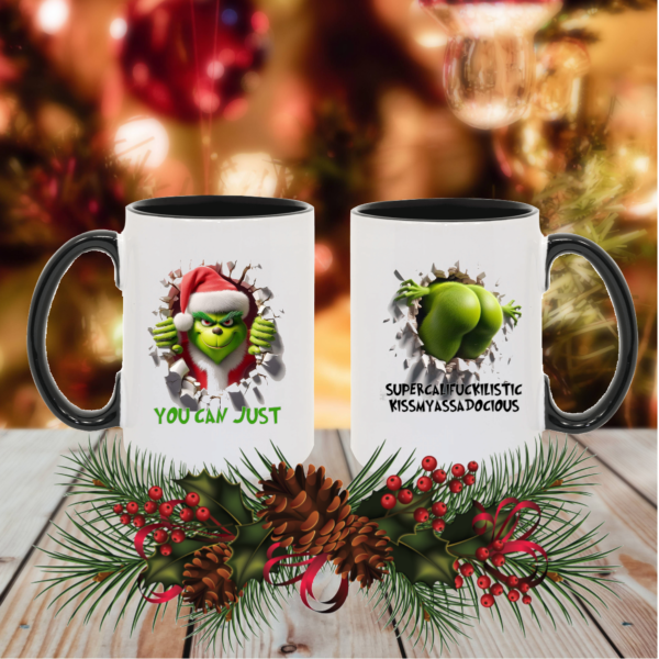 "A custom-made 15 oz ceramic mug in vibrant colors, featuring the humorous phrase 'You can just supercalifuckalistickissmyassadocious' in bold lettering, perfect for a playful and cheeky touch to your drinkware collection."