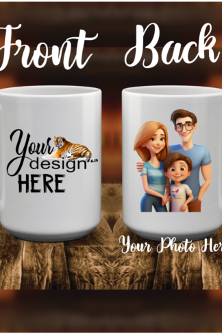 "15 oz custom coffee mug with edge-to-edge sublimation print featuring a personalized design; durable ceramic, microwave and dishwasher safe, with a comfortable handle for easy grip."